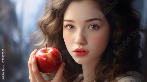 A woman holding a red apple in front of her face. She has long curly hair and red lipstick. The apple appears to be the center of the image.