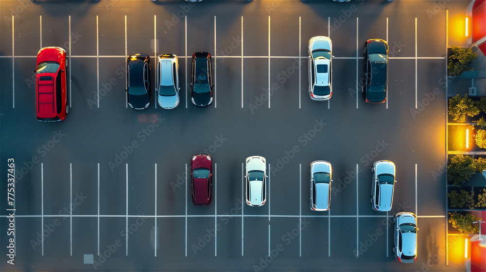 Semi crowded mall car parking, above view.