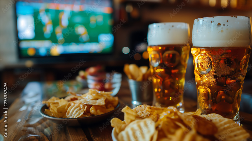 Pint of beer, chips and salty snacks on the table in front of televisor witch show off football match.Set of snacks and beverage soccer fan at home.