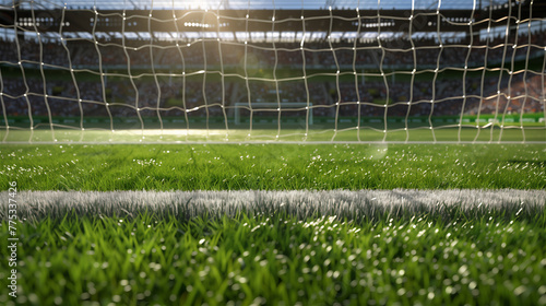 Football field with grass, view behind the goal net.