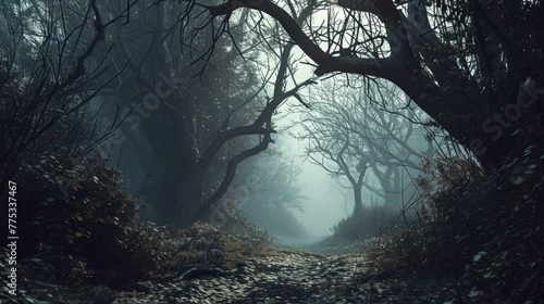 A dark and foggy forest with a path between bare trees. © ProPhotos