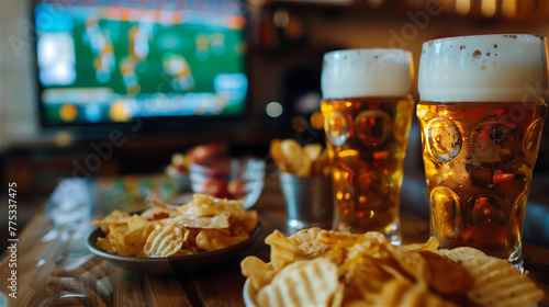 Obraz na płótnie Pint of beer, chips and salty snacks on the table in front of televisor witch show off football match.Set of snacks and beverage soccer fan at home. w salonie