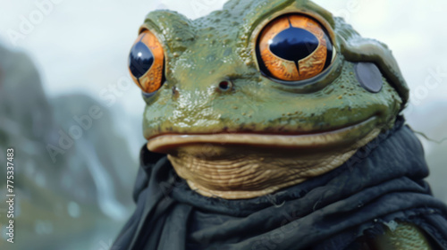   A close-up photo of a frog with a scarf on its neck and a mountain in the background © Anna