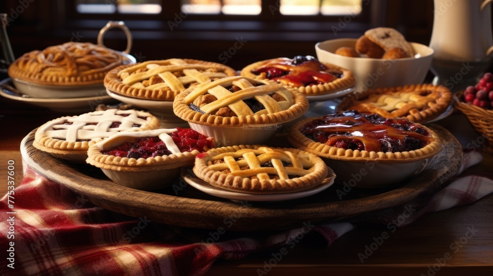 A table topped with plates of various pies and pastries. A table topped with plates of various pies and pastries.
