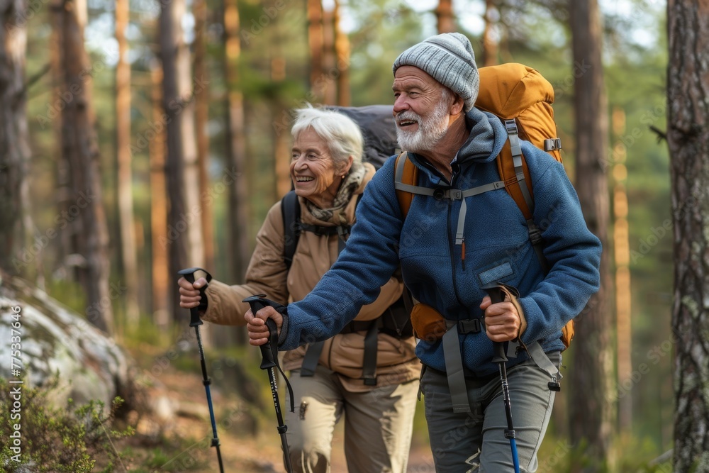 old men with backpacks traveling through the forest