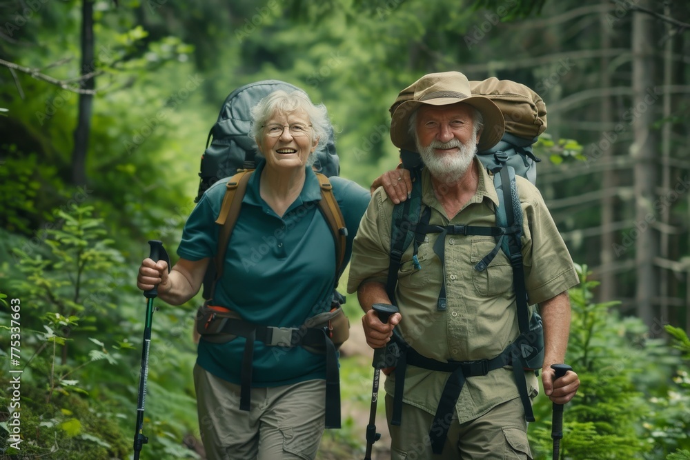 old men with backpacks traveling through the forest