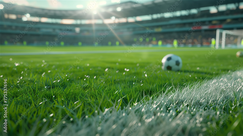 Soccer ball on the grass on football field.