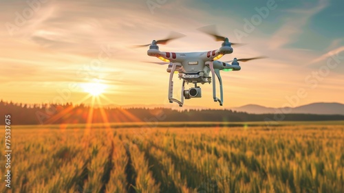 Aerial drone at sunset above agricultural field - An unmanned aerial drone captures the last daylight over scenic farmland, emphasizing agri-tech advancements photo