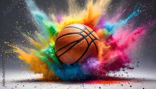 Dynamic Burst: Colorful Rainbow Holi Paint Powder Explosion Featuring Prominent Basketball