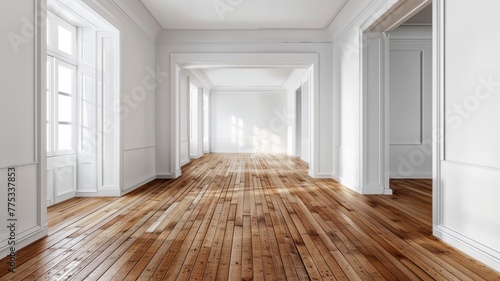 Bright spacious empty corridor with windows - A corridor with bright natural light shining through large windows onto the wooden floor