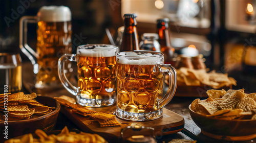 Pints of beer  chips and salty snacks on the table. Set of snacks and beverage soccer fan at home.