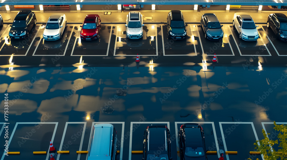 Semi crowded mall car parking, above view.