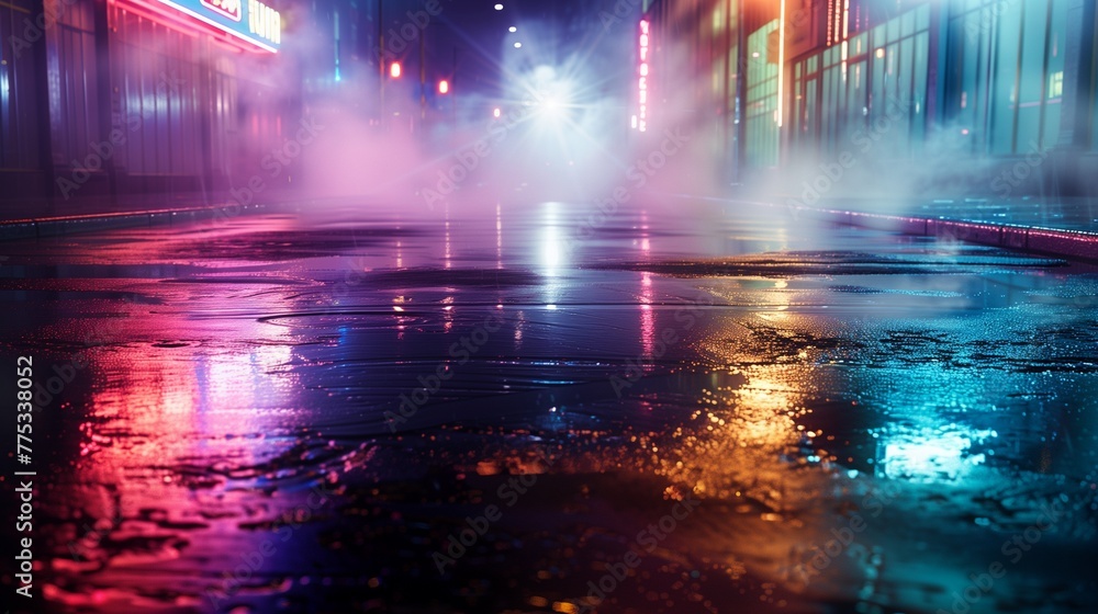 In the heart of the night, an empty street comes alive with the reflections of neon lights on wet asphalt, creating a dynamic canvas of color.