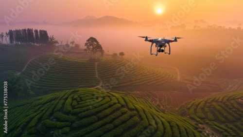 Misty sunrise over a tea plantation with drone - A drone flies over vibrant tea fields as the sun rises through a soft mist, casting a warm glow over the scenic landscape photo