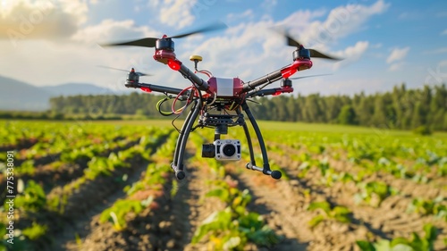 Drone flying over green agricultural field - A high-tech drone equipped with a camera flies over lush farmland, indicating precision agriculture and farming technology