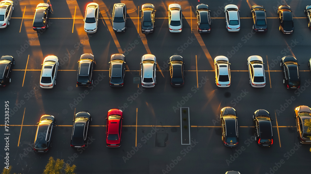 Semi crowded mall car parking, above view.
