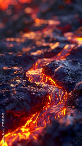 A close-up of a lava flow, glowing red and orange with a cracked surface generative ai