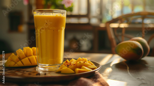 Glass of mango lassi Indian drink flavored with cardamom. Milkshake at plate on the table in kitchen.