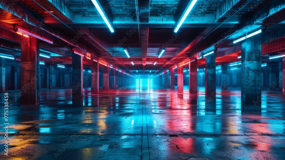 Futuristic neon-lit empty parking garage - A vibrant cyberpunk-inspired image of an empty underground parking space with neon lights reflecting on a wet floor