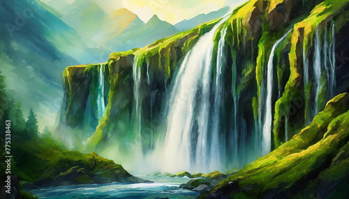 Big waterfall with green moss at the edge of it. Abstract art. Beautiful natural landscape.
