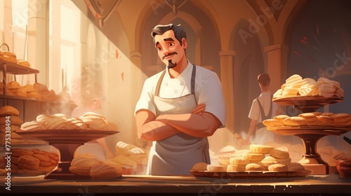 A baker standing in a sunlit room filled with bread. He has a goatee, wears a white shirt and a brown apron, and has his arms crossed in front of him.