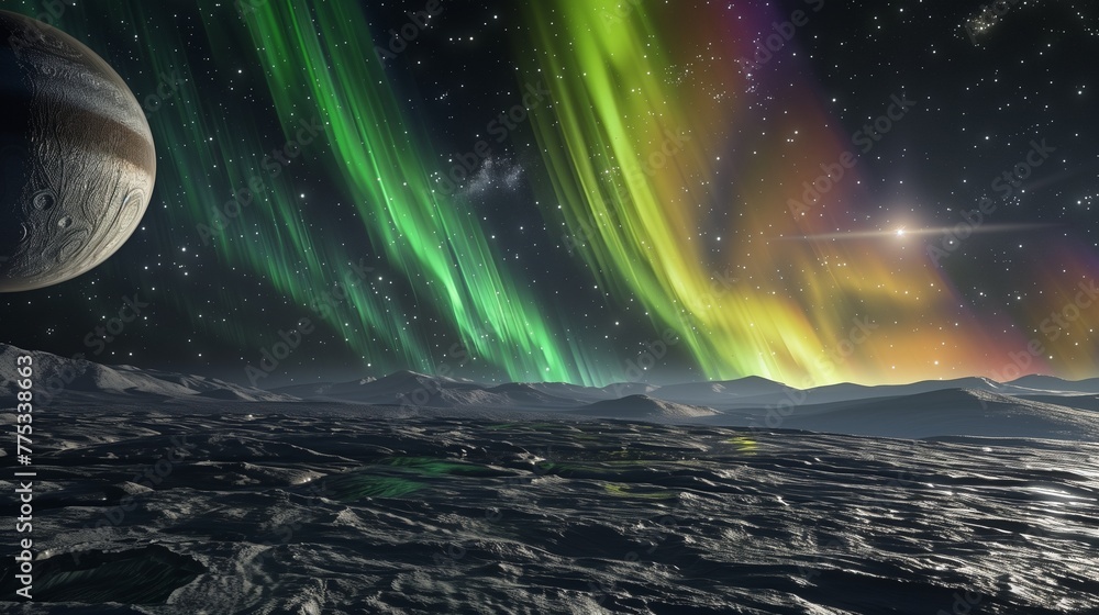 The ethereal beauty of an aurora as it dances over an alien planet's night sky, with a breathtaking view of distant galaxies and nebulae in the background.