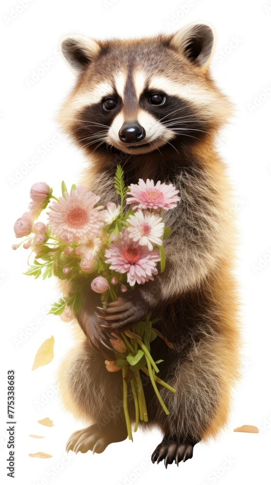 Fototapeta premium A raccoon holds a bouquet of flowers in its paws. Concept: Valentine's Day.