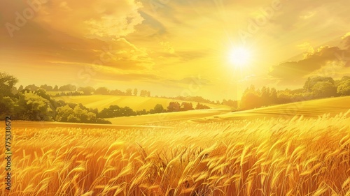 Golden wheat field with sun flare in countryside - A warm, golden wheat field bathed in sunlight with a sun flare, portraying a bountiful and serene rural scene © Tida