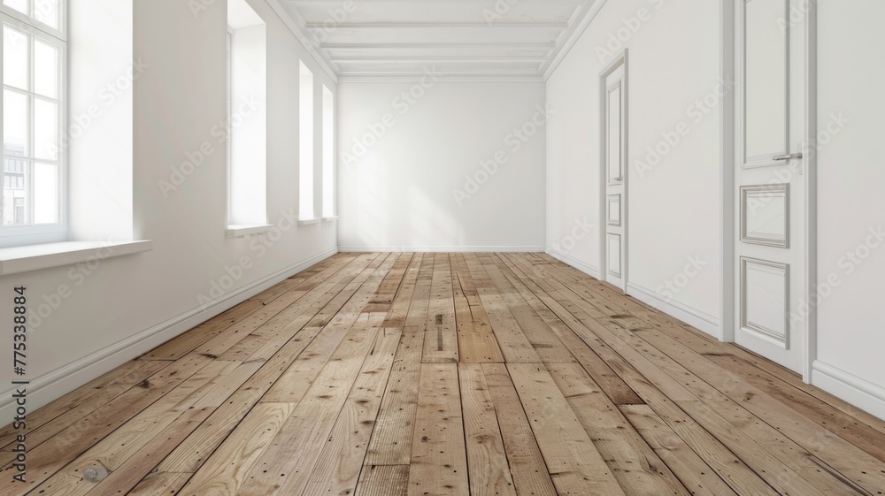 Clean white empty room with wooden floor - An empty room featuring white walls and a warm wooden floor with doors on each side Clean white empty room with wooden floor - An empty room featuring white walls and a warm wooden floor with doors on each side