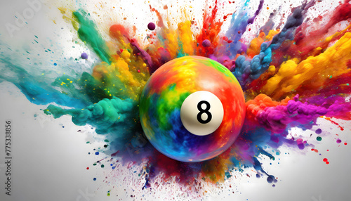 Vibrant Display: Colorful Rainbow Holi Paint Powder Explosion Featuring Leading Billiard Ball