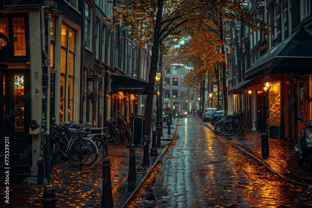 Naklejka premium city wet road street evening illumination
