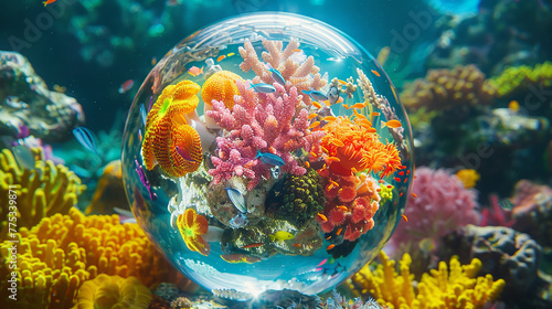 A vibrant coral reef teeming with colorful marine life  enclosed within a perfectly formed 3D glass globe.