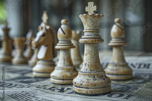 Chess pieces align on financial newspapers in a strategic cross, setting the backdrop for tactical investments in this game of strategy.