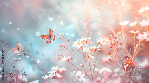 beautiful spring light background in natural pastel colors with fluffy small flowers and a butterfly generative ai © Mehak