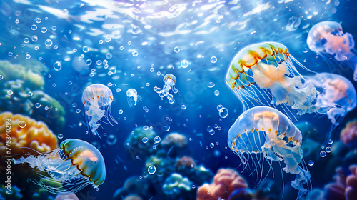 Multi-colored jellyfish with long tentacles, against the backdrop of a caral reef, underwater landscape. copy space. Poisonous exotic jellyfish photo