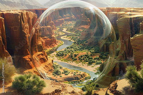 An arid canyon landscape captured within a transparent 3D glass globe, featuring towering cliffs, winding rivers, and desert flora.