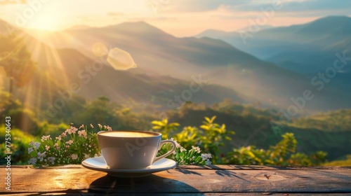 cup of coffee table beautiful landscape