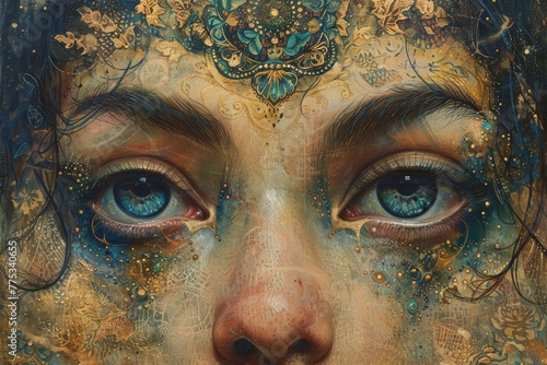 Captivating Close-Up of a Woman With Ornate Blue and Gold Face Paint photo