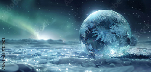 An icy tundra covering the expanse of a 3D glass globe, glistening under the soft glow of the Northern Lights.