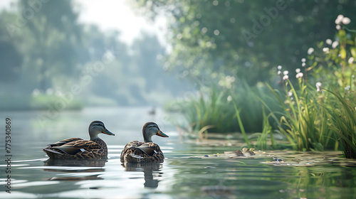 Ducks paddling in a calm river inlet