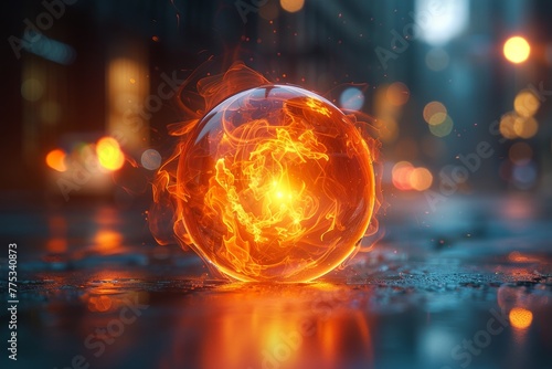 Glowing Fireball Encased in a Glass Sphere on a Wet City Street at Twilight