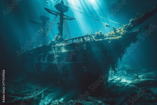 Sunlight Filtering Through the Ocean Onto a Submerged Shipwreck