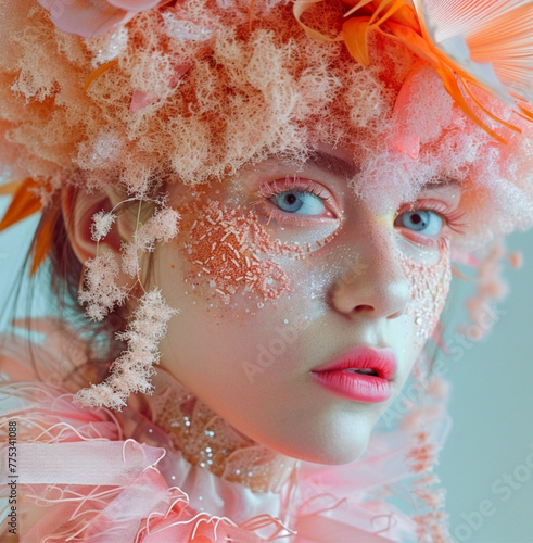  extreme beauty makeup with heavy textures and accessories in peach fuzz color photographed in hard coloured light 
