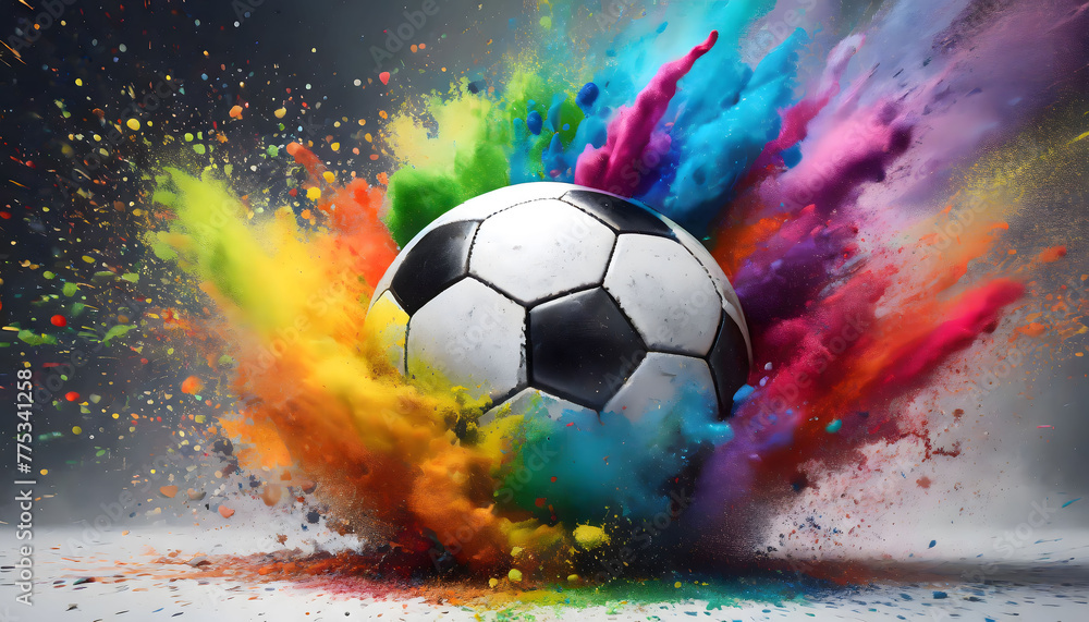 Fototapeta premium Dynamic Burst: Colorful Rainbow Holi Paint Powder Explosion with Soccer Cleat Leading the Way