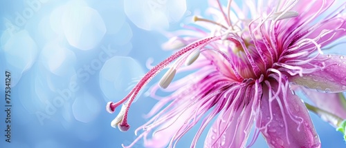  A pink flower with water droplets on its petals and a blue sky in the background