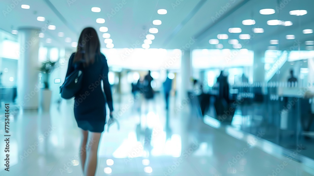 Blurred silhouettes of busy professionals in modern office setting, abstract business concept with motion blur