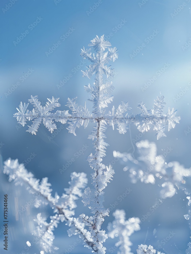 Ice crystals forming a cross on a window, chilly blue background for frozen assets management. Ice crystals forming a cross on a window, chilly blue background for frozen assets management.