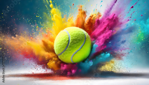 Spectacular Explosion: Colorful Rainbow Holi Paint Powder with Tennis Ball at the Forefront