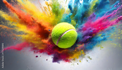 Dynamic Burst: Colorful Rainbow Holi Paint Powder Explosion with Tennis Ball Leading the Way