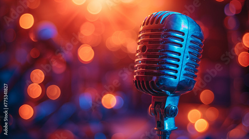 A microphone is on a microphone stand in front of a blurry background. AI.